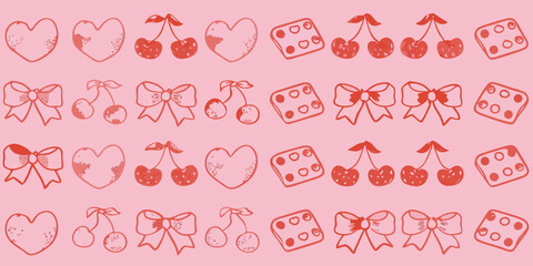 Cute pink pattern with hearts cherries bows and dice illustrations