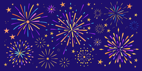 Colorful fireworks and stars on dark blue background for celebrations