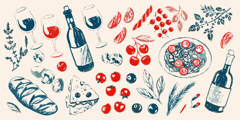 Hand drawn italian food and wine illustration with pasta and bread