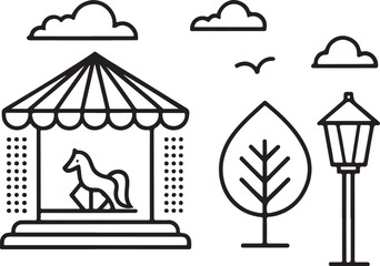 Carousel and Park Illustration in Black and White