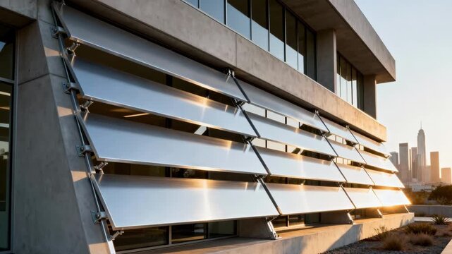 Medium shot of sleek aluminum brise soleil panels perfectly angled to reduce sunlight enhancing building energy efficiency with a modern architectural design.