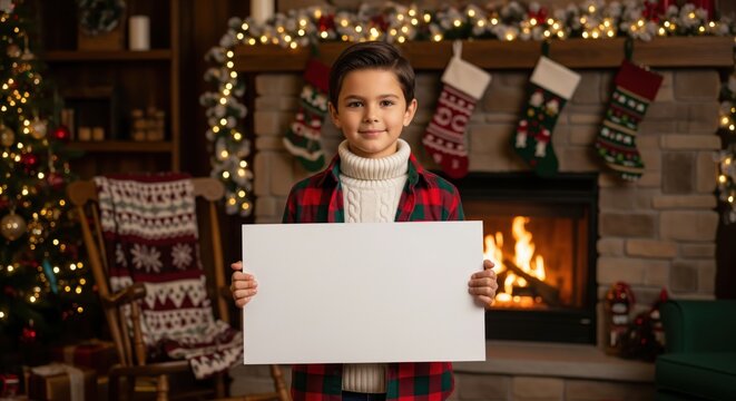Smiling young boy holding a blank white sign in front of a cozy Christmas fireplace.