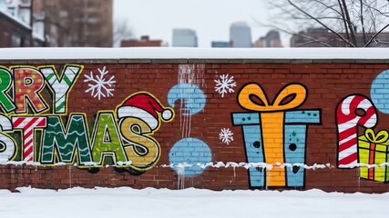 Urban Holiday Cheer: Graffiti Art with Christmas Wishes on a Brick Wall in Winter Landscape - Powered by Adobe