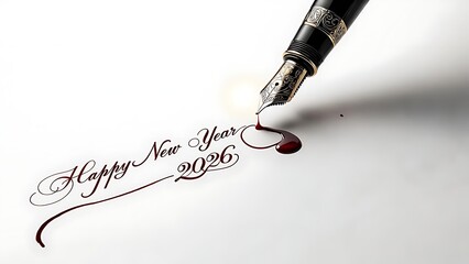 Elegant Happy New Year 2026 greeting written with ornate fountain pen, perfect for upscale holiday cards and sophisticated seasonal promotions