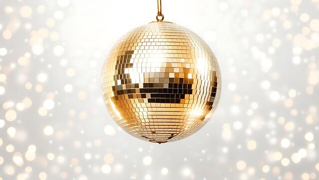 Dazzling gold disco ball casting shimmering light for a festive celebration, perfect for New Year's Eve or a glamorous party invitation