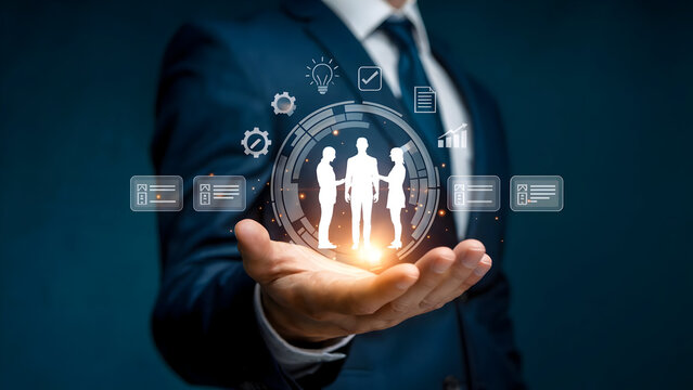 Businessman holding glowing people icon symbolizing team collaboration and integrated business solutions