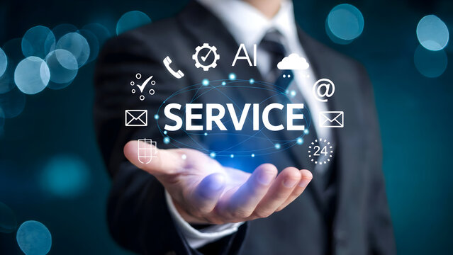 Businessman presenting modern digital service concept with technology icons and artificial intelligence surrounded by glowing lines - Powered by Adobe