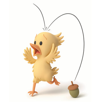 3D Chicken Licken running away because an acorn fell on his head which made him think that the sky is falling