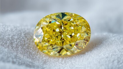 A yellow diamond sits on soft white fabric. The light shines on its cut surface, creating reflections and highlights. This setting shows the diamond's structure and color