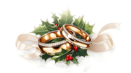 Elegant gold wedding rings adorned with diamonds and festive holly, a symbol of love and commitment for a joyful holiday marriage celebration