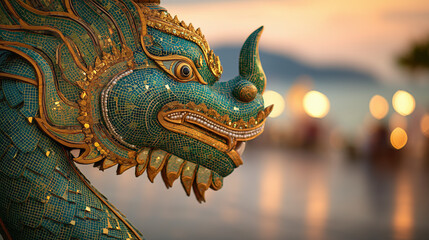 Fototapeta premium A majestic green and gold Naga serpent statue at the Krabi Naga Fest, overlooking the beautiful sunset at Klong Muang Beach Krabi, Thailand