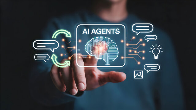 Human hand interacting with holographic interface displaying AI agents concept and brain icon for advanced technology - Powered by Adobe