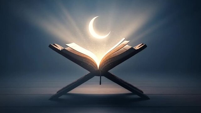 A glowing open holy book on a stand under a crescent moon, symbolizing spirituality and divine wisdom.
