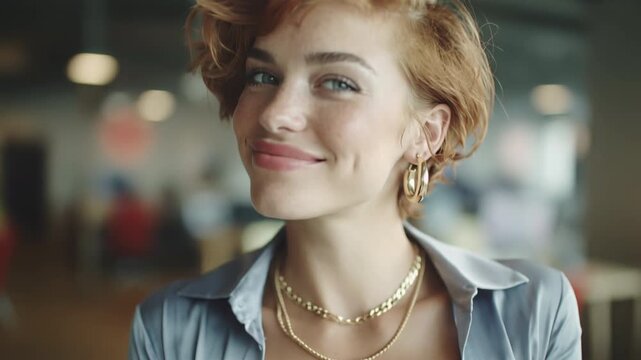 Redhead Woman Smiling Portrait. Beautiful young red haired woman with short hair smiling warmly in modern office.