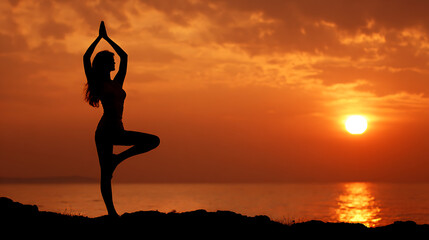 Silhouette of a young woman doing yoga on a beach at sunset (2)