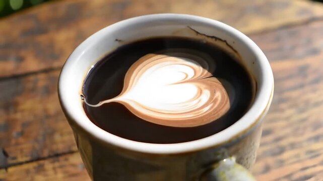 Steaming coffee with latte art heart creating romantic vibes perfect for cafe promotions or a cozy morning ritual scene in a video