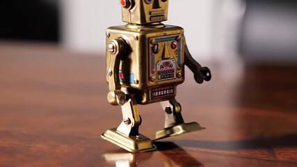 Vintage brass robot toy standing proudly on polished wood, gleaming with retro charm and ready to spark imagination and nostalgia