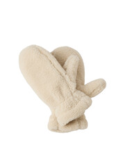 Pair of beige woolen mittens isolated on transparent background for winter warmth
