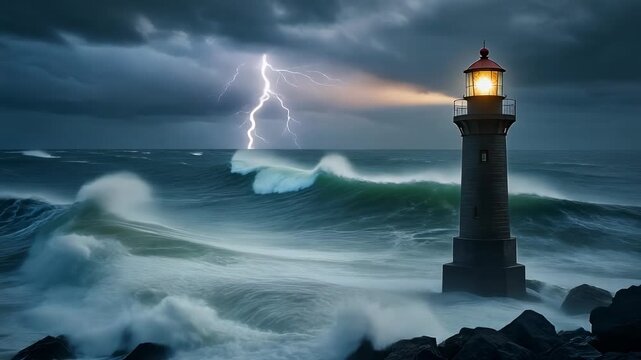 Stormy sea with large waves crashing against a lighthouse at night image photo