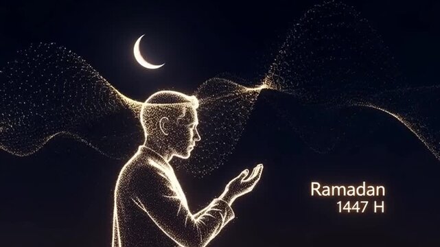 A spiritual depiction of a man praying during Ramadan under a crescent moon with glowing golden particles.