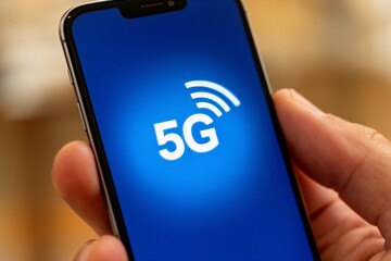 Close-up photo of hand holding mobile phone showing strong 5G network connection icon on screen.