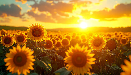 Fototapeta premium A vast field of blooming sunflowers stretches toward the horizon under a vibrant sunset sky. The sunflowers are densely packed and uniformly facing the setting sun