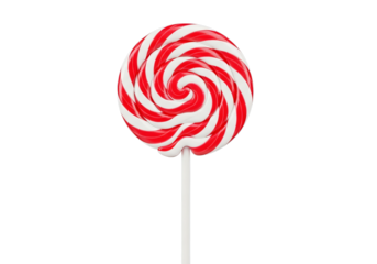 Vibrant red and white swirl lollipop candy on white stick, sweet