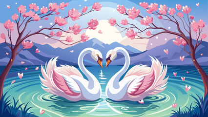 Two swans forming a heart on a lake with trees