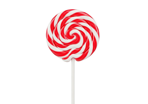 Vibrant red and white swirl lollipop candy on white stick, sweet