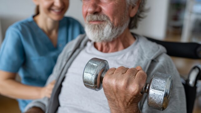 Nurse assisting wheelchair user with dumbbell training in hospital closeup hand focus on rehabilitation environment