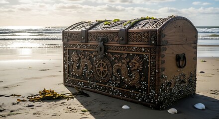 Ornate Wooden Chest on Sandy Ocean Beach