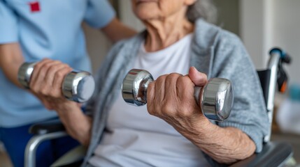 Nurse assisting handicapped patient with dumbbells in hospital wheelchair rehabilitation closeup exercise focus