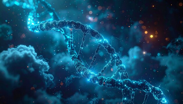 Glowing blue DNA double helix structure with bokeh particles and ethereal clouds