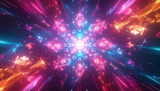 Abstract exploding starburst of vibrant pink and blue neon light particles and geometric shapes