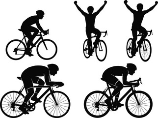 Fototapeta premium Five Black Silhouettes of Cyclists in Action on White Background cycling bicycle