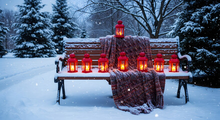 Wooden Park Bench in Snow with Red Lanterns and a Cozy Blanket winter