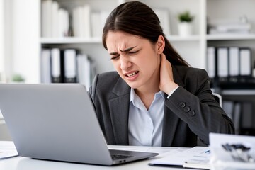 Photo of a Young Businesswoman Struggling with Neck Pain at her Desk, Emphasizing Physical Strain.