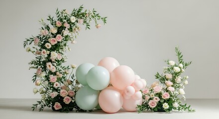 A beautiful spring arrangement featuring colorful Easter eggs nestled in a basket and nest, decorated with a pink floral bouquet of blossoms, green leaves, and nature-inspired garden decorations
