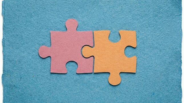 Two colorful puzzle pieces connecting pink and orange shapes. Symbol of unity and romantic partnership on Valentines Day. Love match and relationship concept for couples bonding illustration.