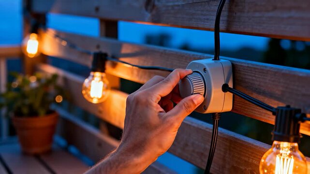 Hand adjusts an outdoor light dimmer switch mounted on a wooden deck railing with string lights glowing at dusk