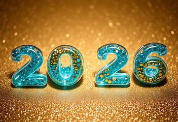 Turquoise and gold '2026' numbers on a sparkling golden background. isolated on transparent background