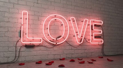 Pink neon love sign on white brick wall with red rose petals scattered below. Romantic valentines day decoration evoking passion and affection for interior love themes