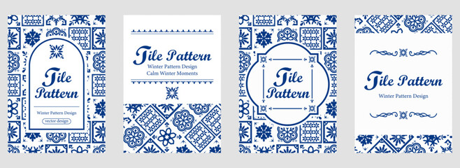 冬タイルパターンとフレームデザインセット｜雪の結晶モチーフの北欧風背景 | コピースペース カード
