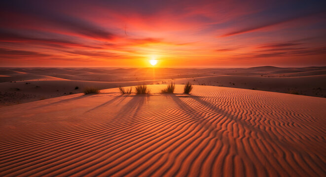 Spectacular Sunset Over Rippling Sand Dunes Landscape Evokes Warmth and Serenity