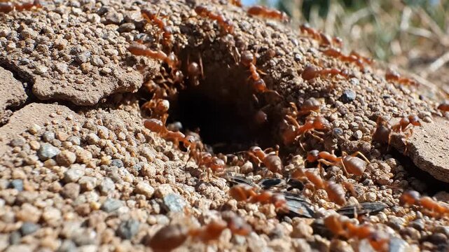 Ants scurry around their hole in dirt