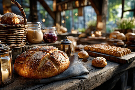 Rustic Bakery Display with Bread and Pastries