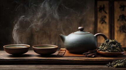 Fototapeta premium Two cups sit on a wooden table next to a teapot. Steam rises from the cups filled with tea. Dried tea leaves are arranged on the table, creating a warm setting