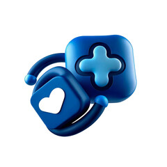 Two blue abstract shapes with symbols of heart and plus sign. on Transparent background.