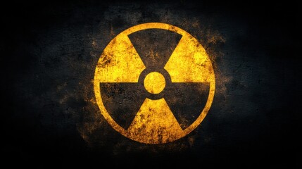 Fototapeta premium A warning symbol for radiation appears on a dark surface with a rough texture. The symbol is bright yellow against the black background, emphasizing its importance