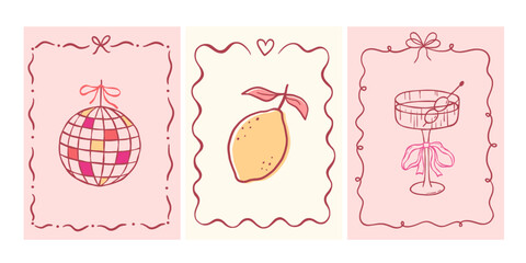 Whimsical lemon, disco ball and cocktail illustration with Italian coastal charm. Mediterranean design featuring citrus fruit in frame. Perfect for summer poster or limoncello-themed artwork.